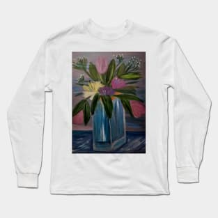 A beautiful bouquet flowers in a glass and gold vase . Using my favorite colors as vibrant background Using Acrylic and metallic paints. Long Sleeve T-Shirt